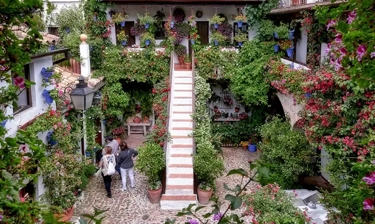 Blumenreicher Innenhof in Córdoba beim Festival de los Patios – ideal für einen Pfingsten Kurzurlaub in Andalusien