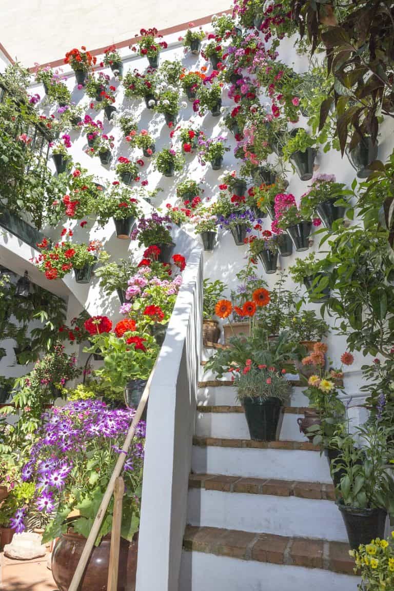 Blumengeschmückter Patio mit Treppe beim Festival de los Patios in Córdoba – Highlight für deinen Pfingsten Urlaub
