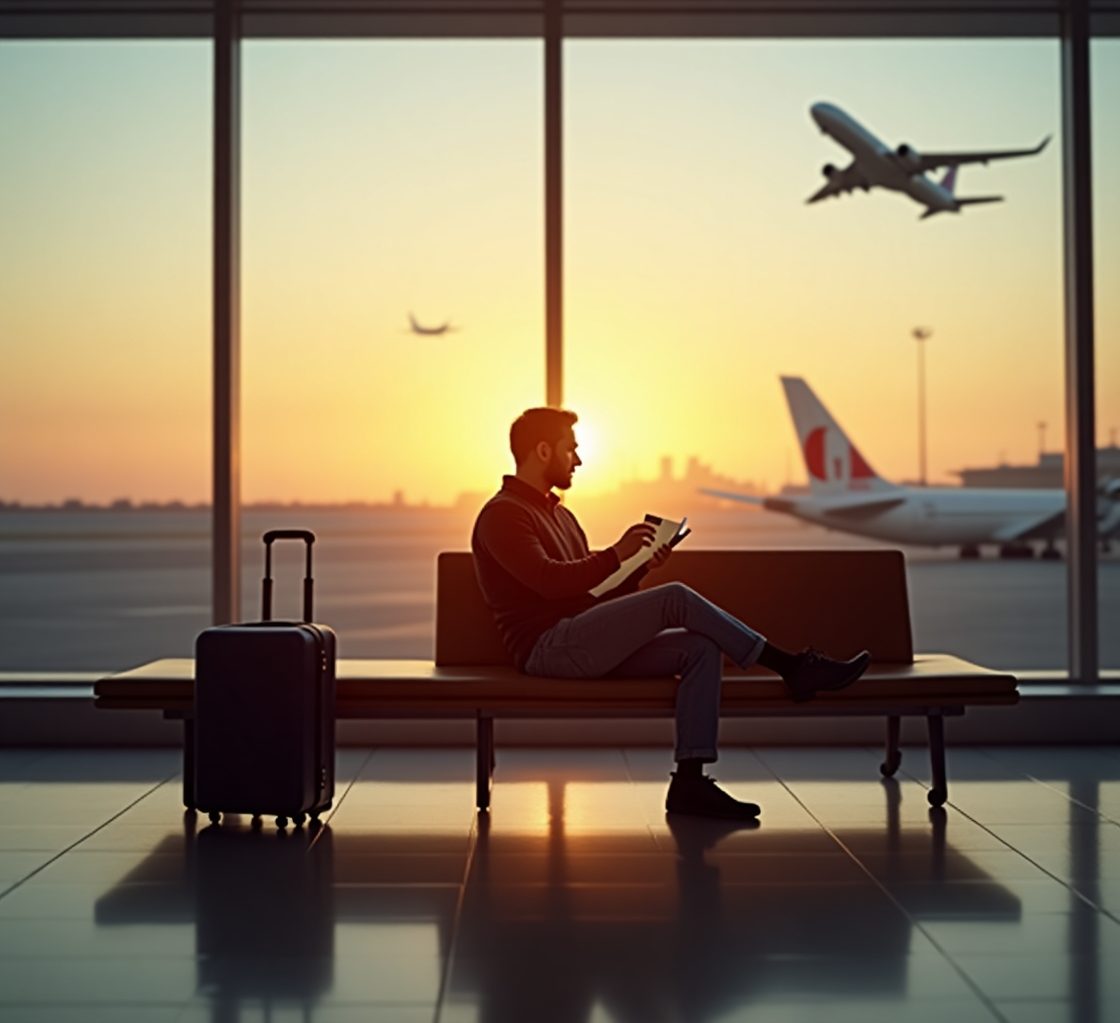 Reisender sitzt entspannt am Flughafen mit Smartphone und Koffer – unterwegs mit Kreditkarte Meilen sammeln